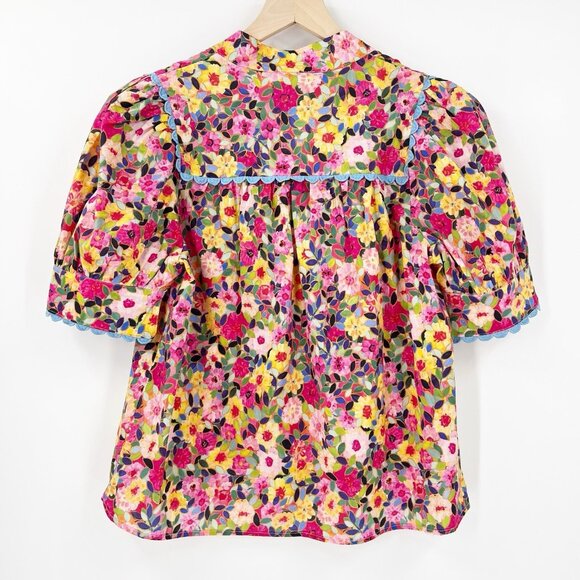 NWT Entro Pink Floral Puff Sleeve Button Front Top Scallop Trim Cotton Size S - Picture 6 of 7